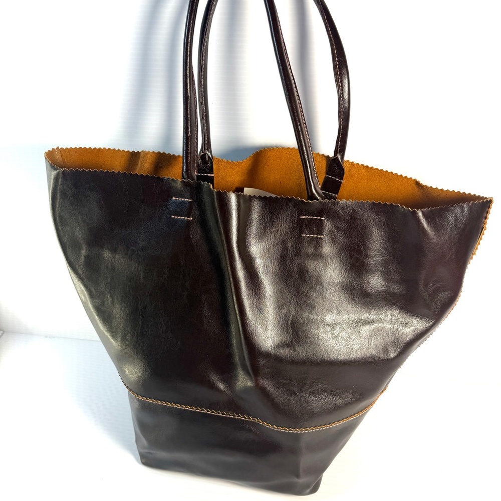 TAMBU Brown Leather Handmade Floppy Market Tote Bag Purse - Picture 3 of 14